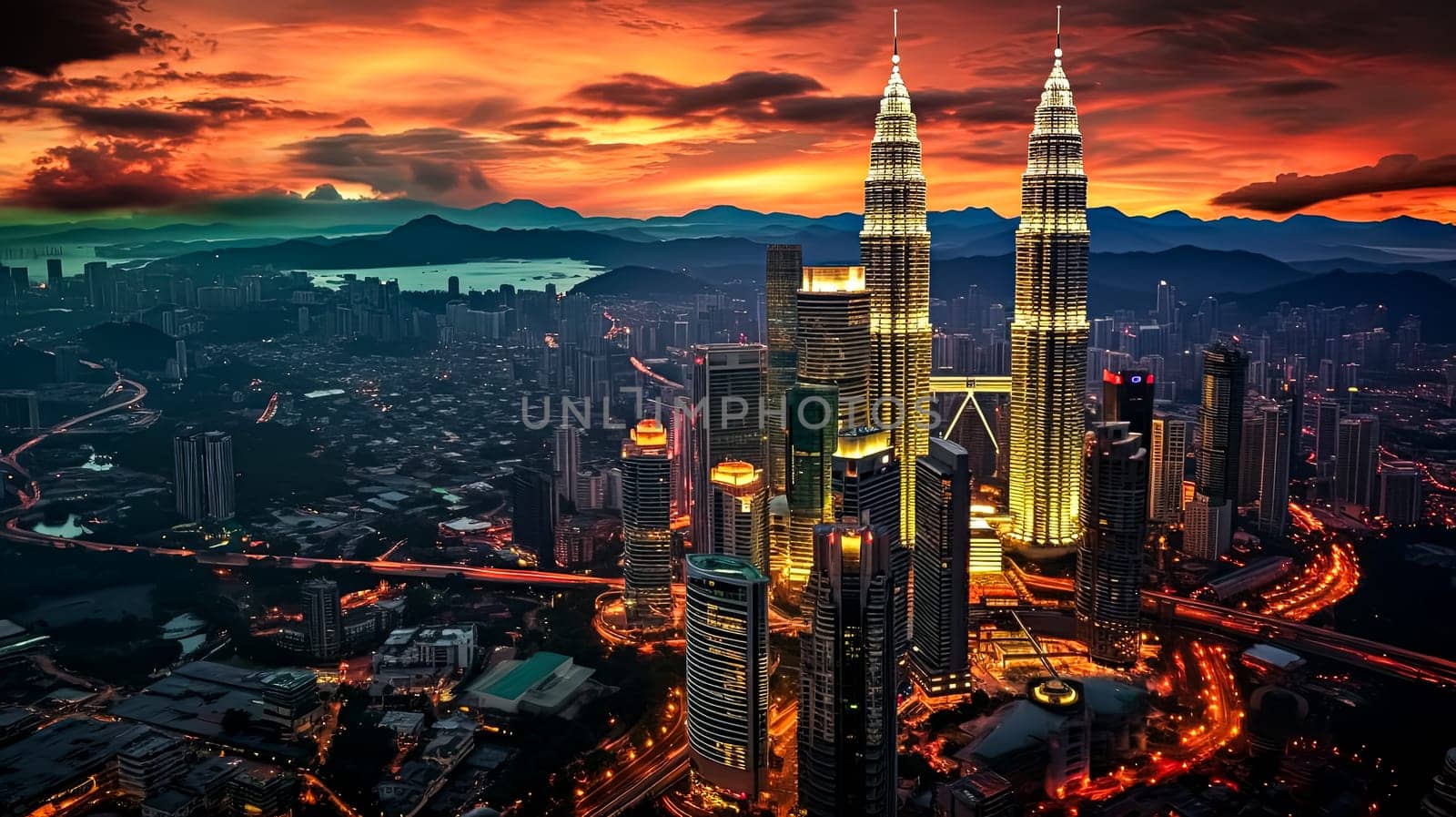 A city skyline with a beautiful sunset in the background. The city is lit up with lights and the buildings are tall