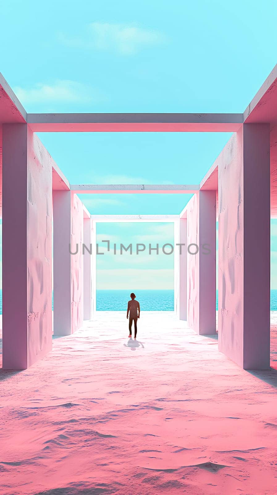 A woman stands in a pink tunnel with a blue sky above her by Alla_Morozova93