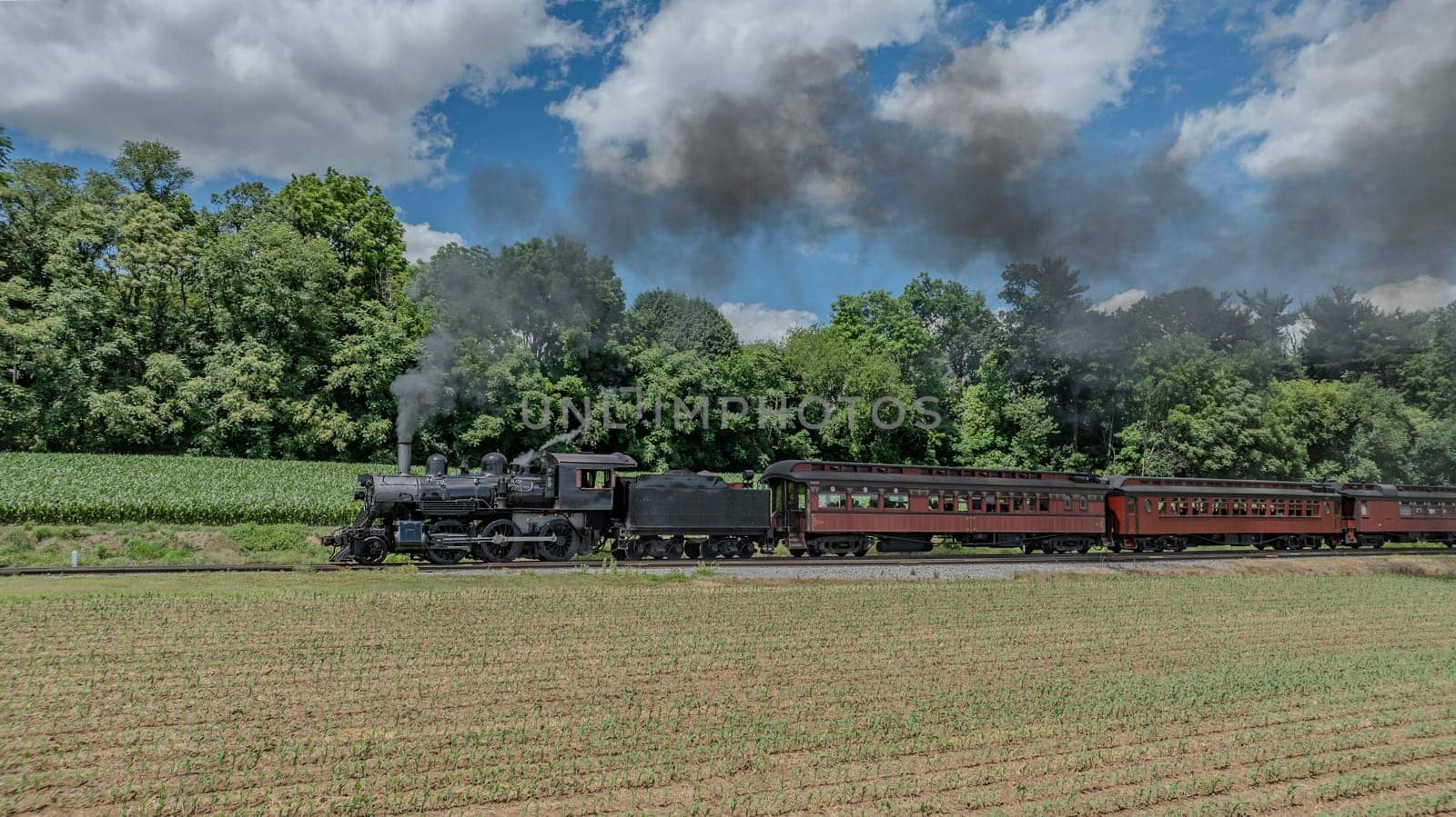 A Black Steam Locomotive Pulling Red Passenger Cars Passes Through A Verdant Countryside With Lush Green Trees In The Background, Billowing Smoke Against A Partly Cloudy Sky.