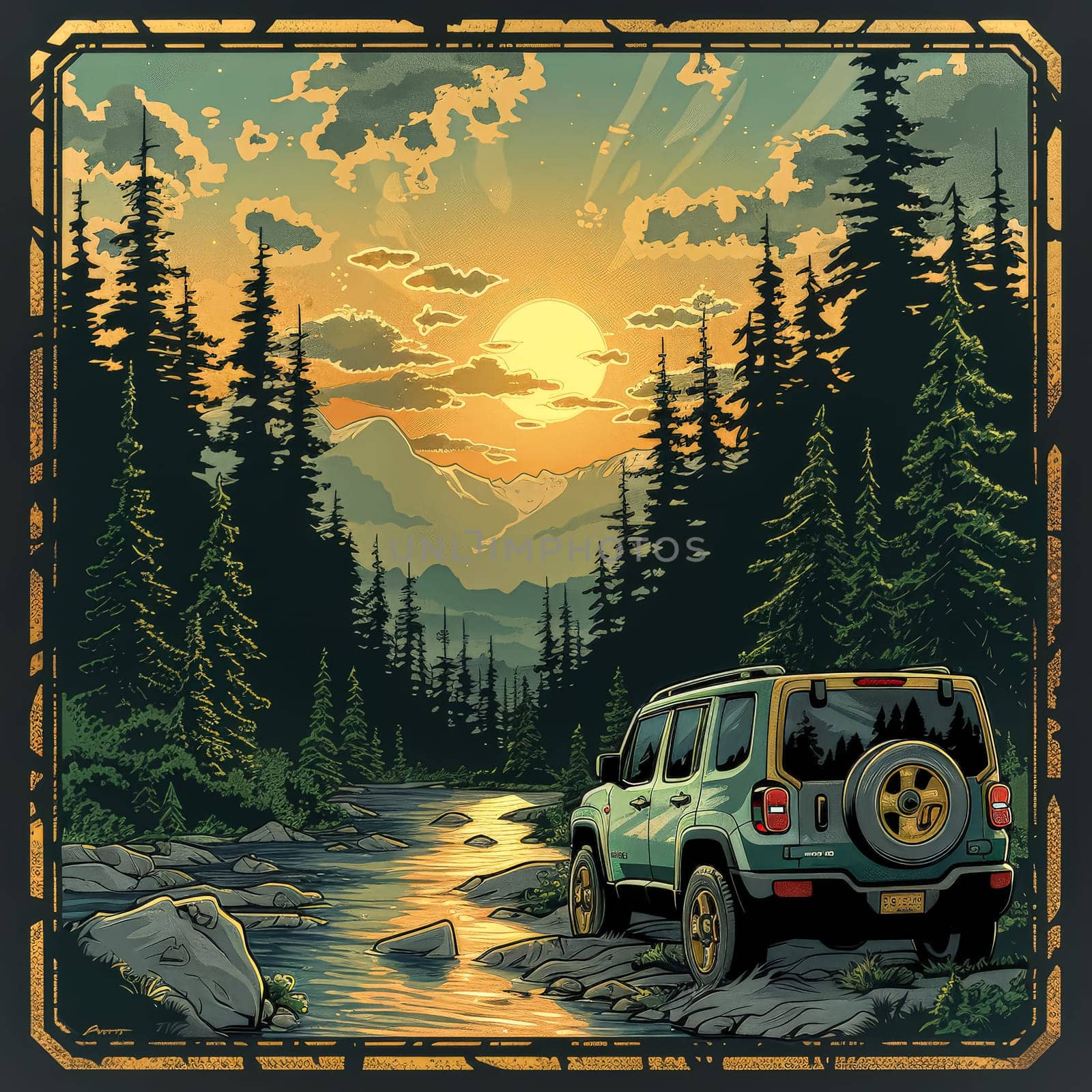 A green Jeep is parked in a forest with a sunset in the background. Scene is peaceful and serene, as the sun sets behind the trees