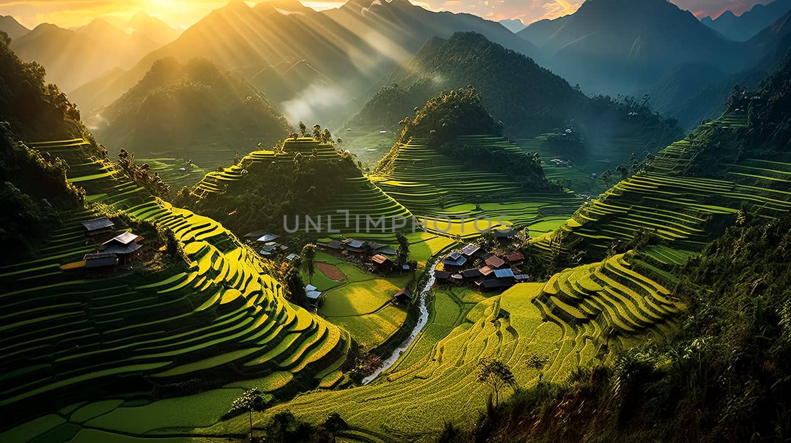 A beautiful landscape with a river running through it. The hills are covered in green grass and there are houses scattered throughout the area. The sun is shining brightly, creating a warm