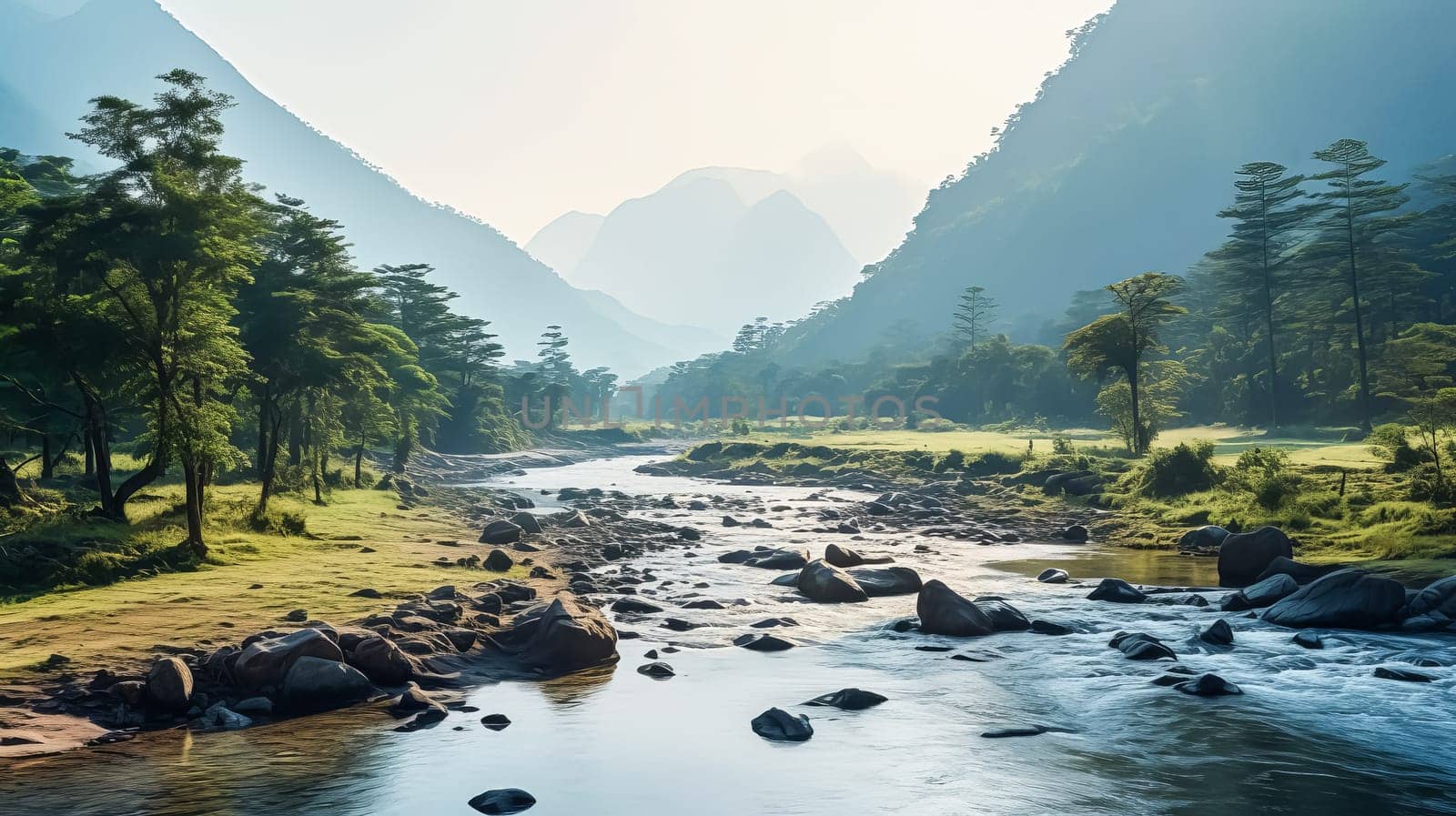 A river with a forest on either side. The water is clear and calm. The trees are tall and green