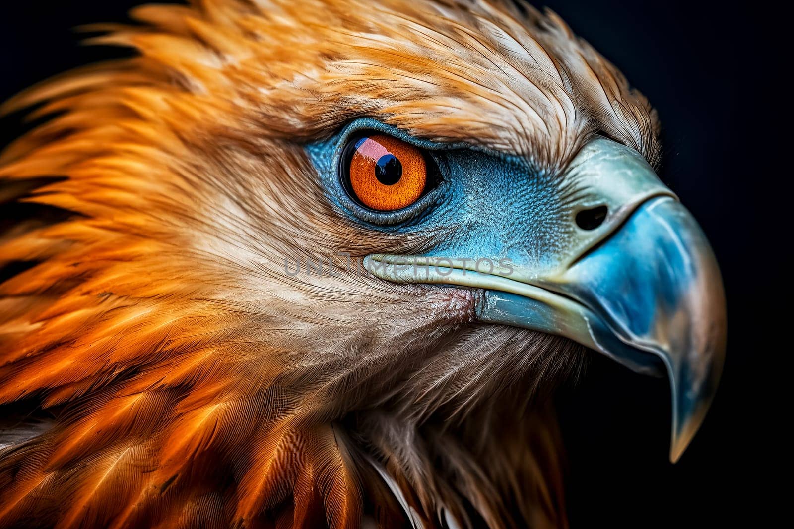 A close-up of an eagle's face with a long, curved beak and a red and blue eye by Alla_Morozova93