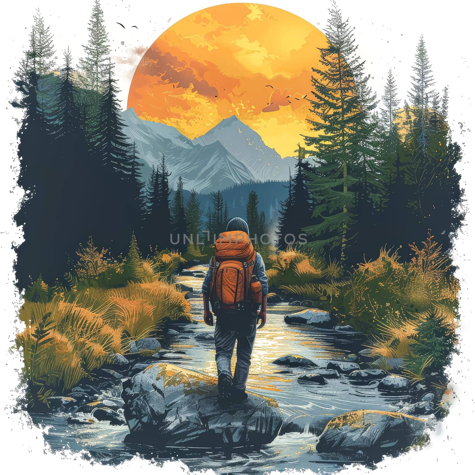A man is walking along a river with a mountain in the background. The scene is serene and peaceful, with the man carrying a backpack and the mountain providing a sense of grandeur and majesty