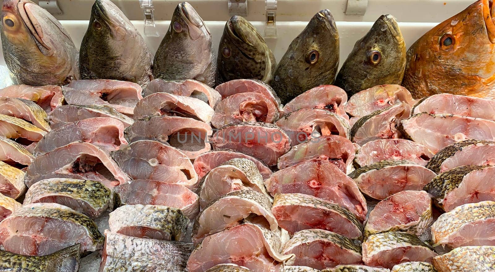 Chopped or slice of fishes display for sale in wet market.