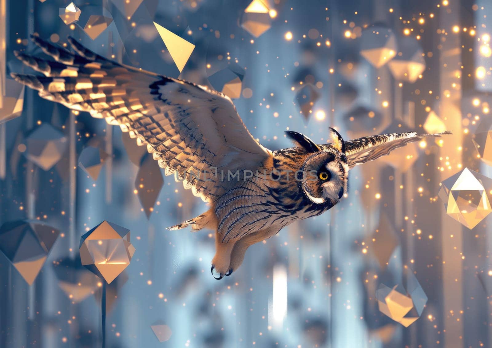 Long-eared Owl in mid-flight, its wings leaving a trail of stardust as it soars through a surreal, geometric landscape.