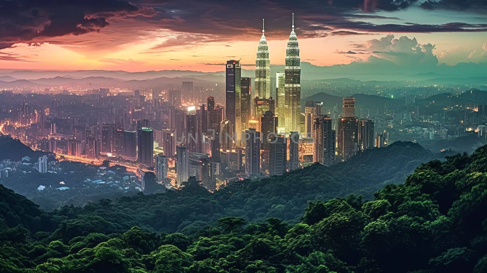 A city skyline is visible in the background of a lush green forest. The city is lit up at night, creating a warm and inviting atmosphere. The contrast between the urban landscape