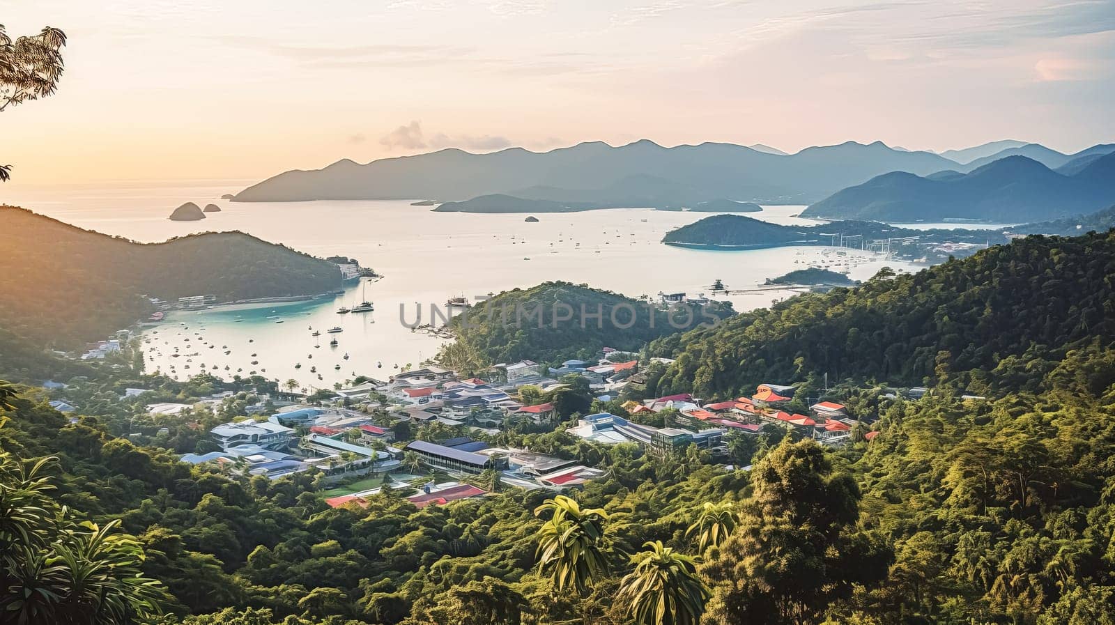 A beautiful beach with a city in the background. The beach is calm and the water is blue