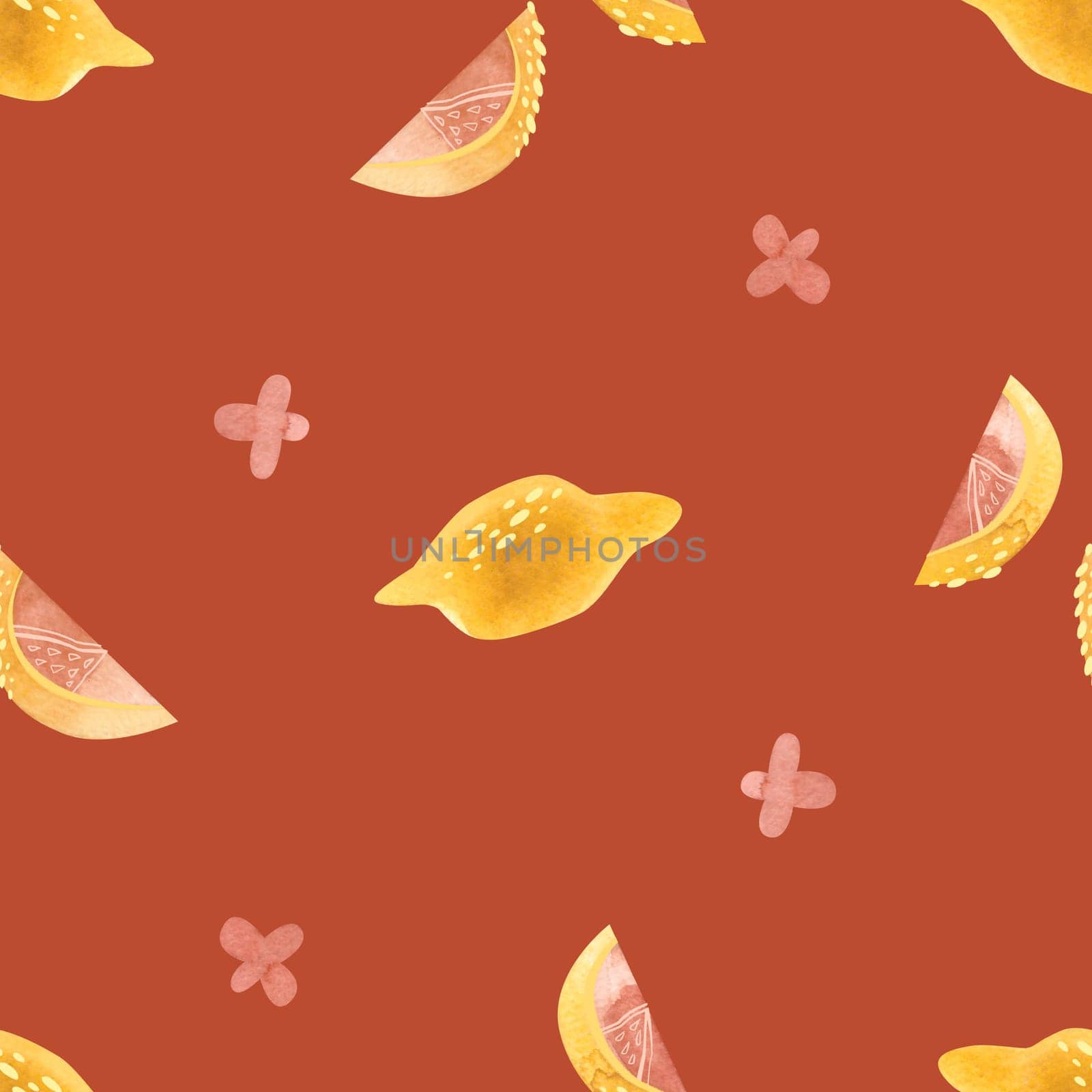 Lemons, lemon slices and pink lemon flowers. Seamless watercolor pattern for fabric, wallpaper, wrapping paper, packaging cosmetics, tablecloths, curtains and home textiles. by Kudriavtseva