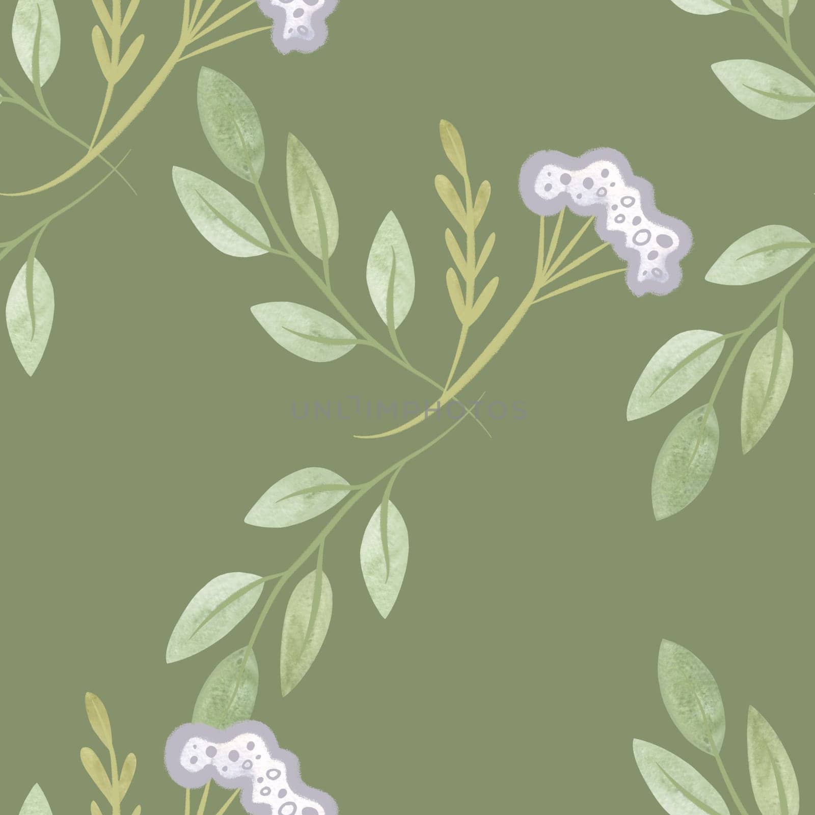 White oregano and soft green branches with leaves. Seamless watercolor pattern for fabric, wallpaper, wrapping paper, packaging cosmetics, tablecloths, curtains and home textiles. by Kudriavtseva