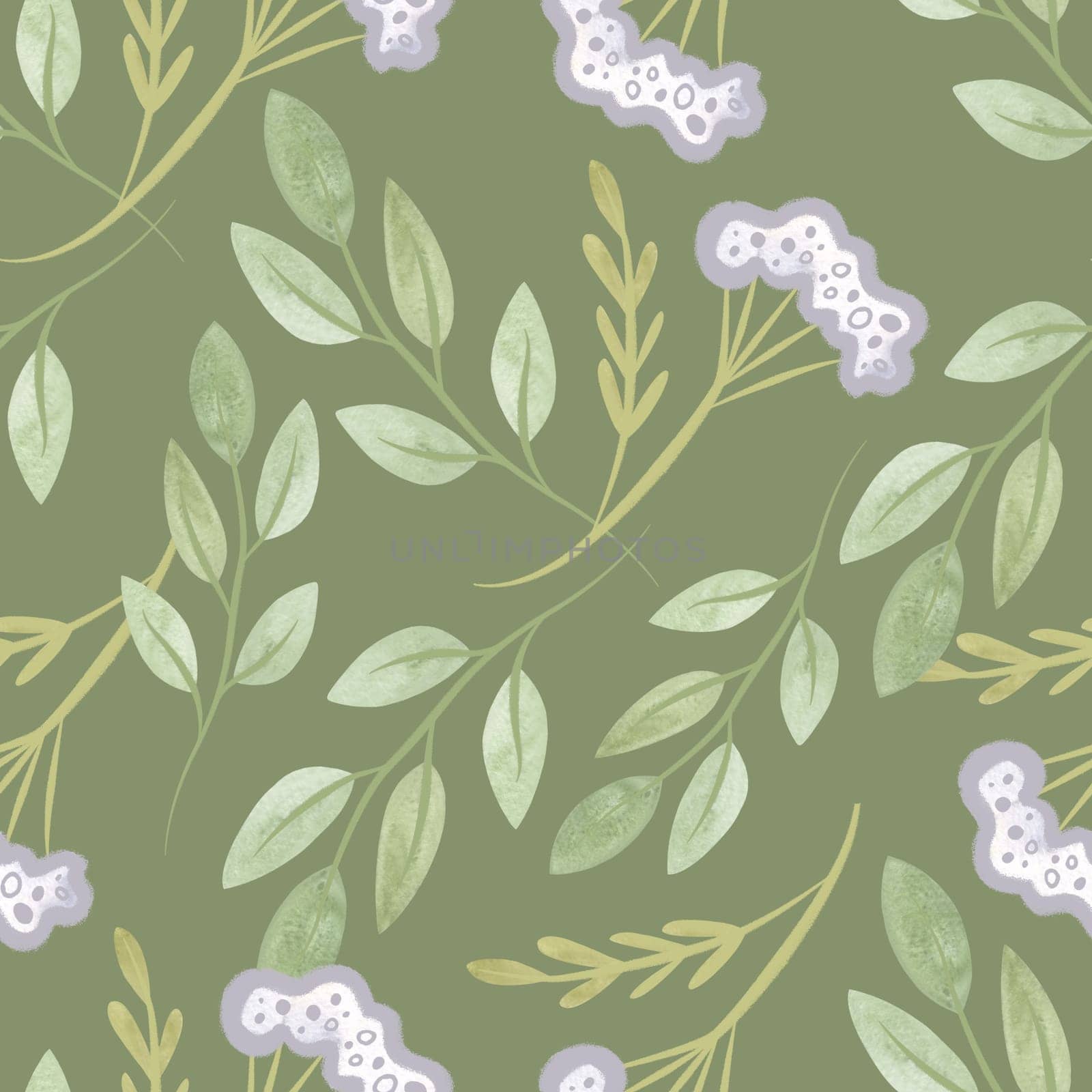 White oregano and soft green branches with leaves. Seamless watercolor pattern for fabric, wallpaper, wrapping paper, packaging cosmetics, tablecloths, curtains and home textiles. by Kudriavtseva