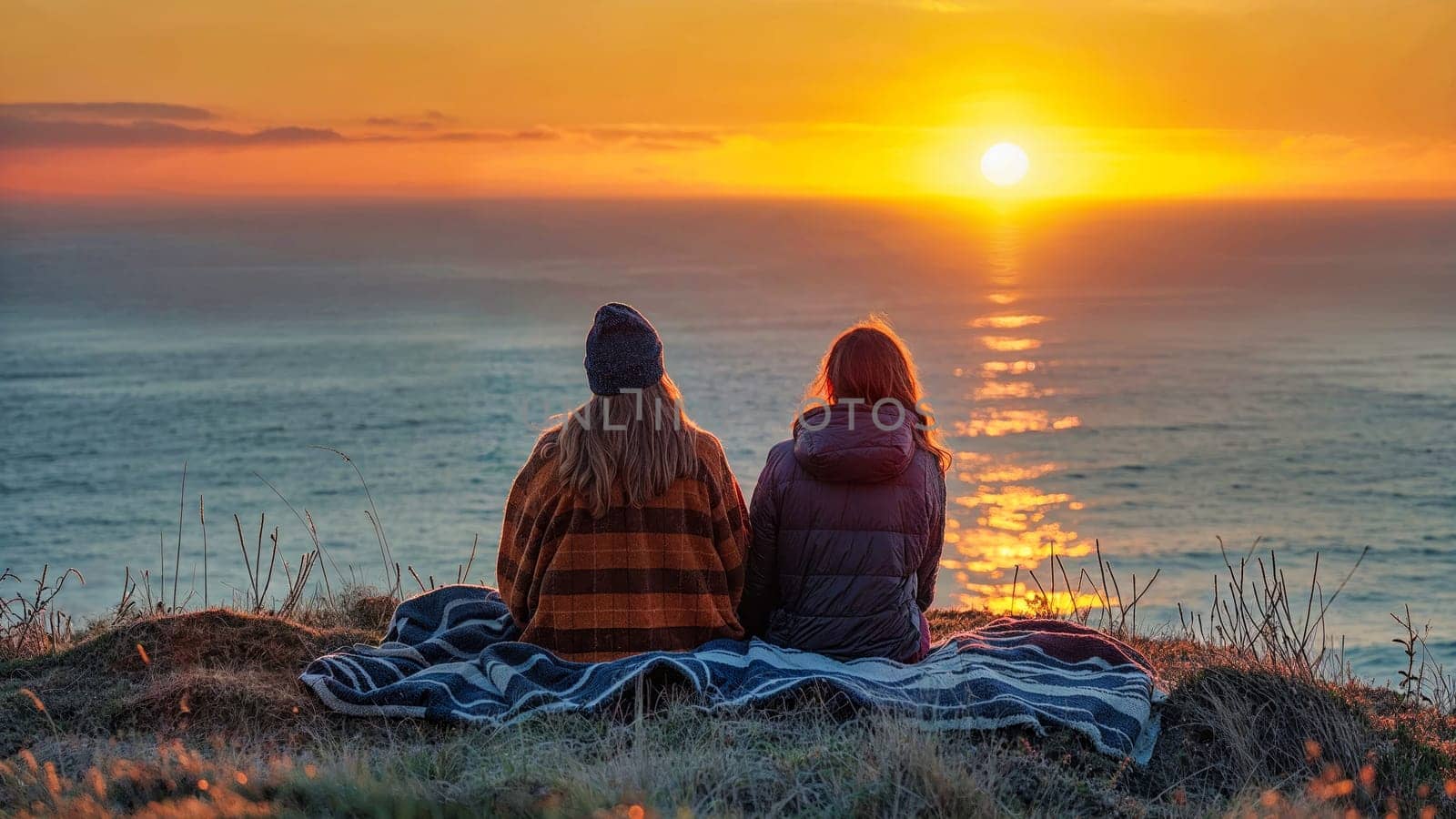 Two friends sit on a cliffside overlooking the ocean, enjoying a sunset