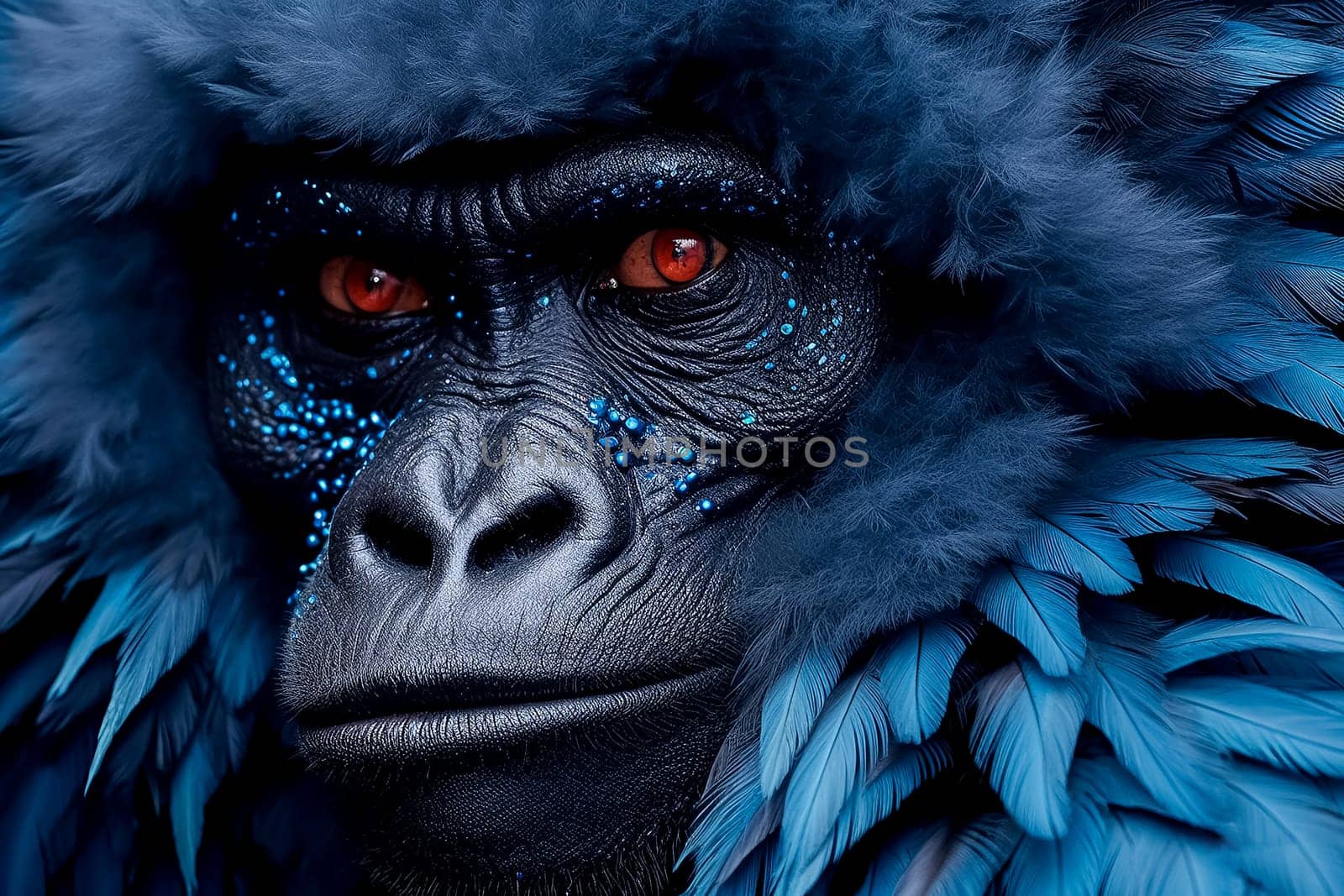 A colorful monkey with blue and yellow paint on its face. The monkey is wearing a colorful outfit and has a flower design on its face