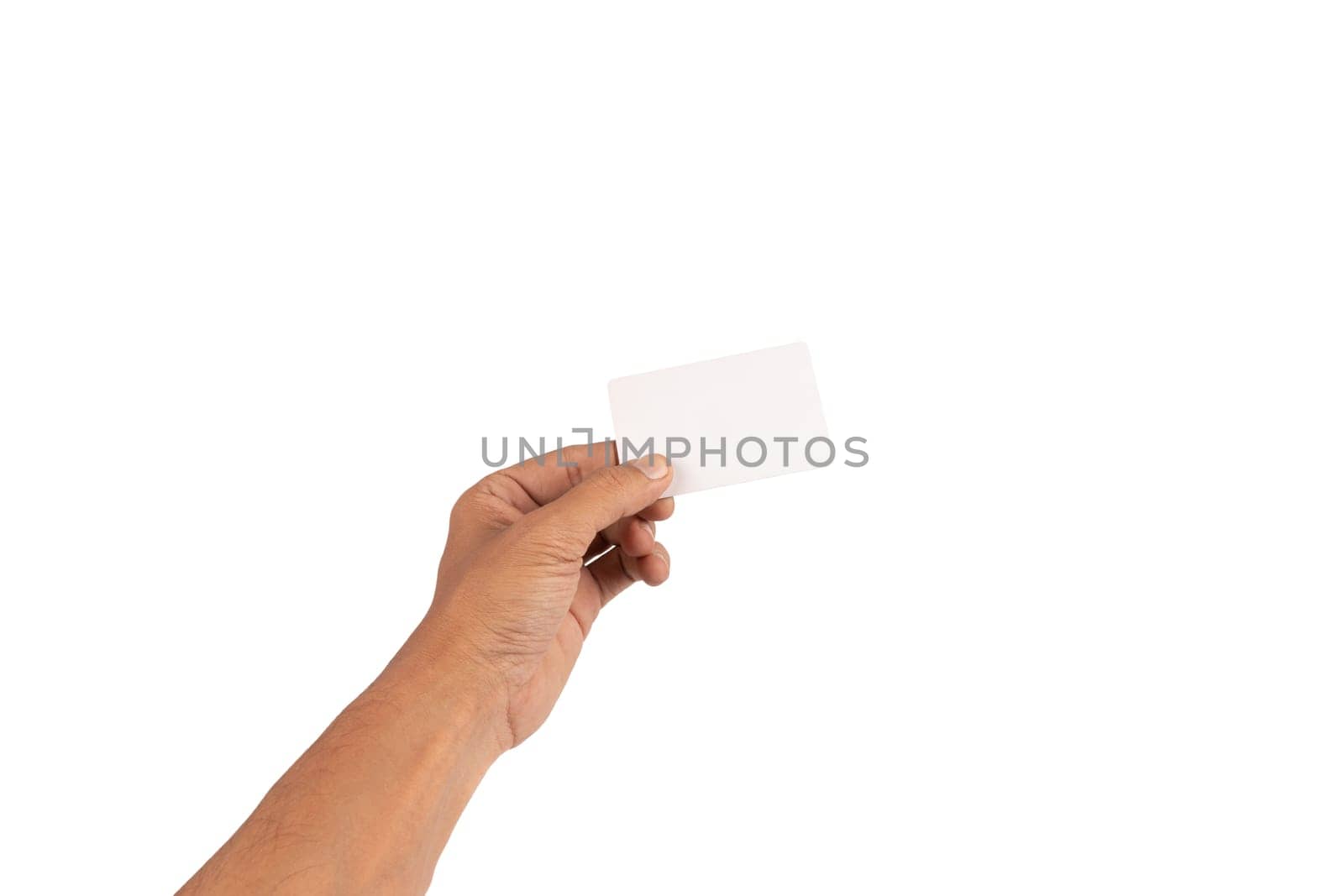 Black male hand holding a white business card mockup isolated on white background by TropicalNinjaStudio