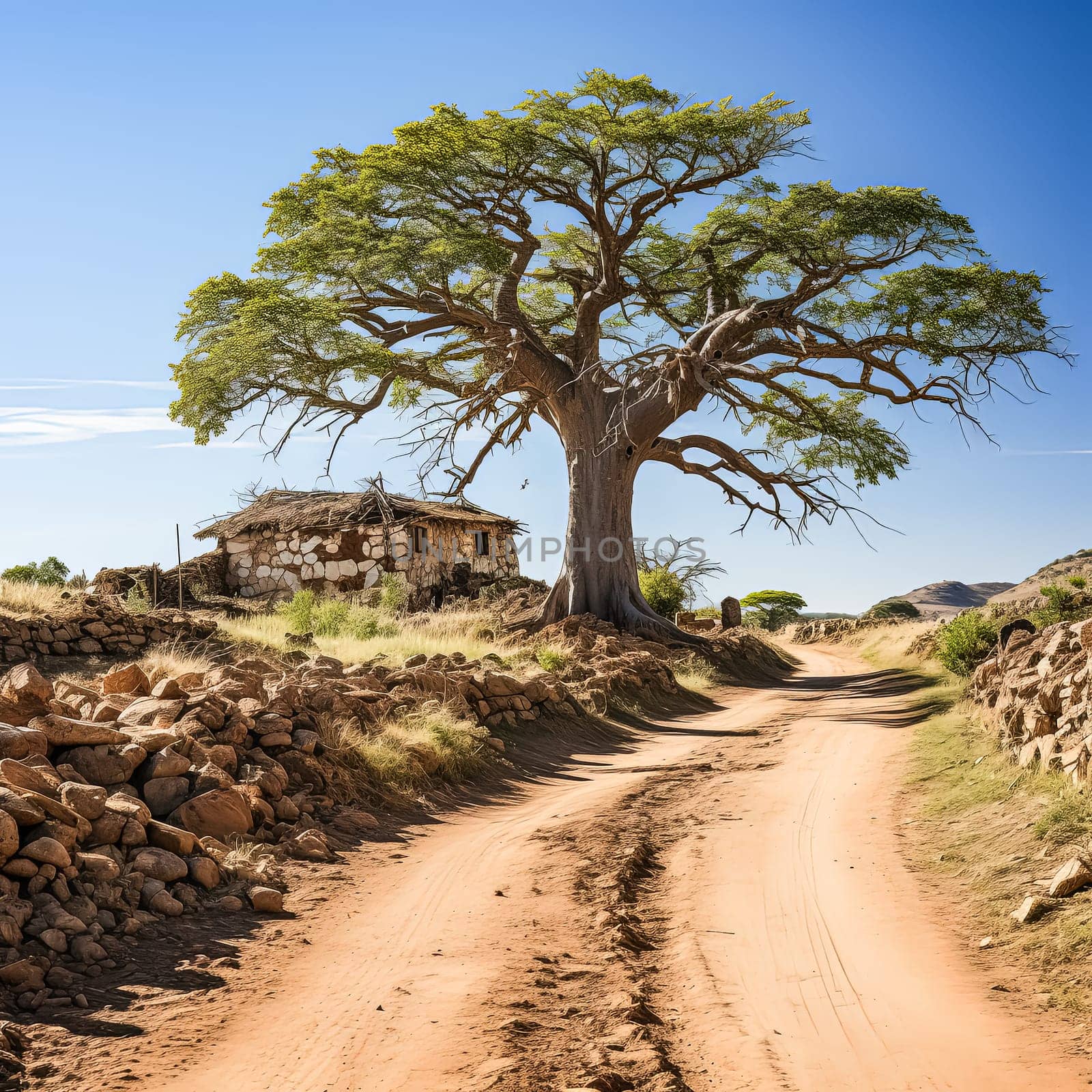 A dirt road with a large tree in the middle. The road is surrounded by rocks and the sky is blue