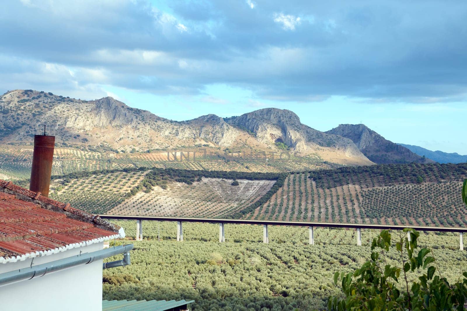 Scenic mountain landscape with fields and viaduct in the foreground by artgf