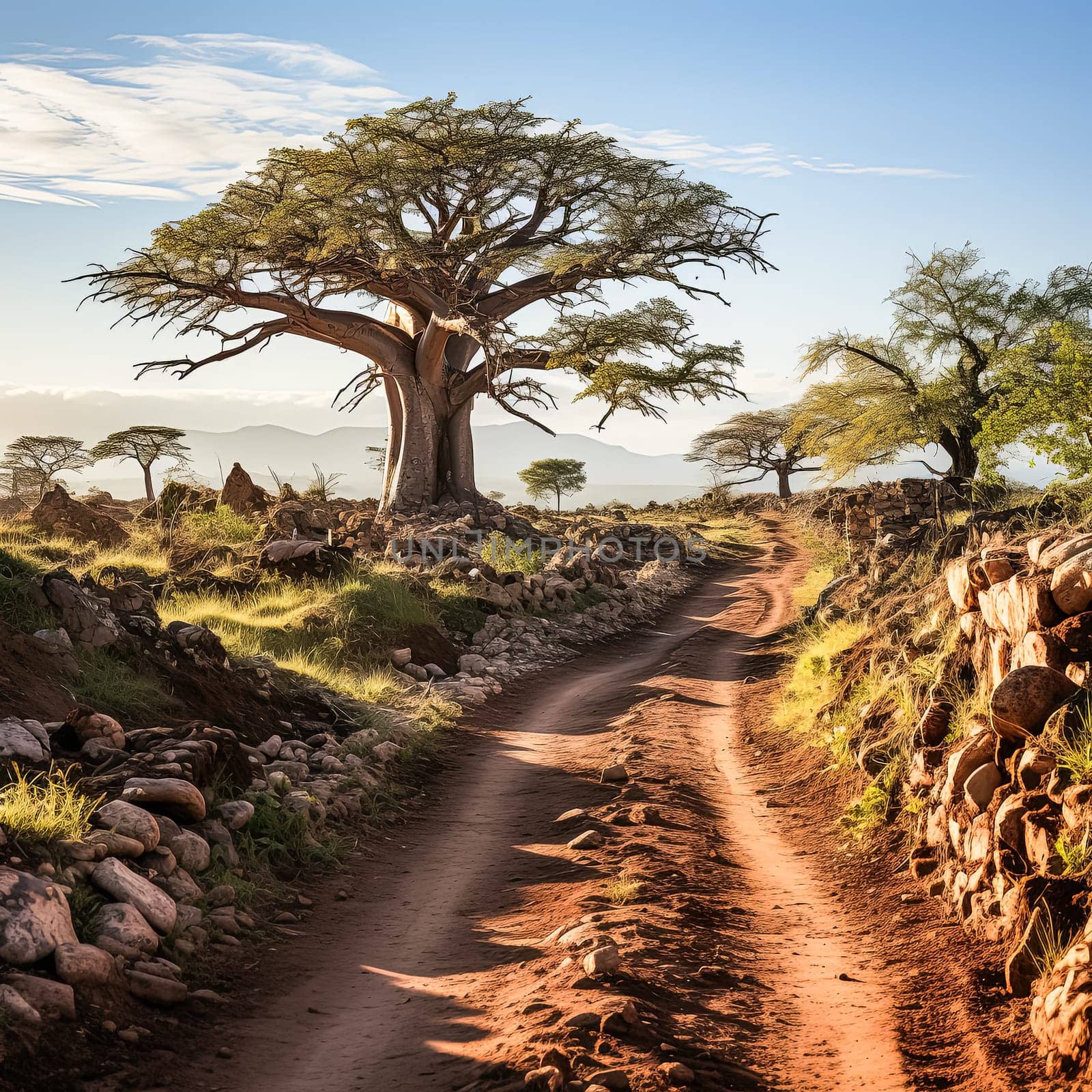 A dirt road with a large tree in the middle. The road is surrounded by rocks and the sky is blue