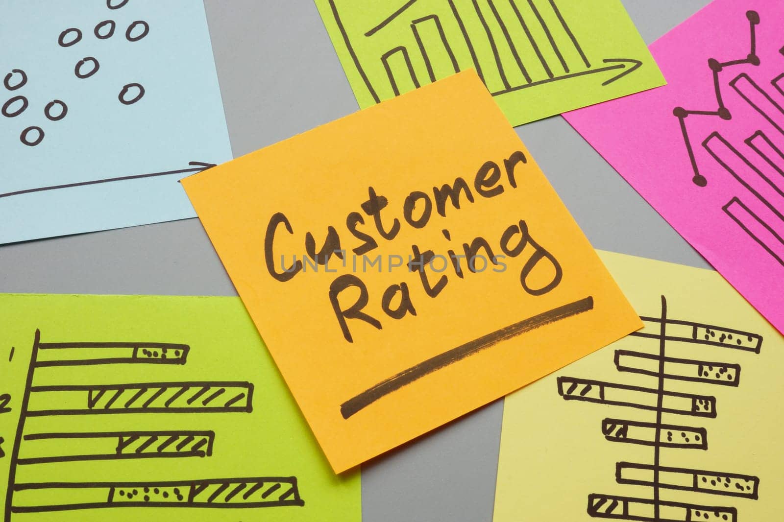 Paper stickers with charts about customer rating.