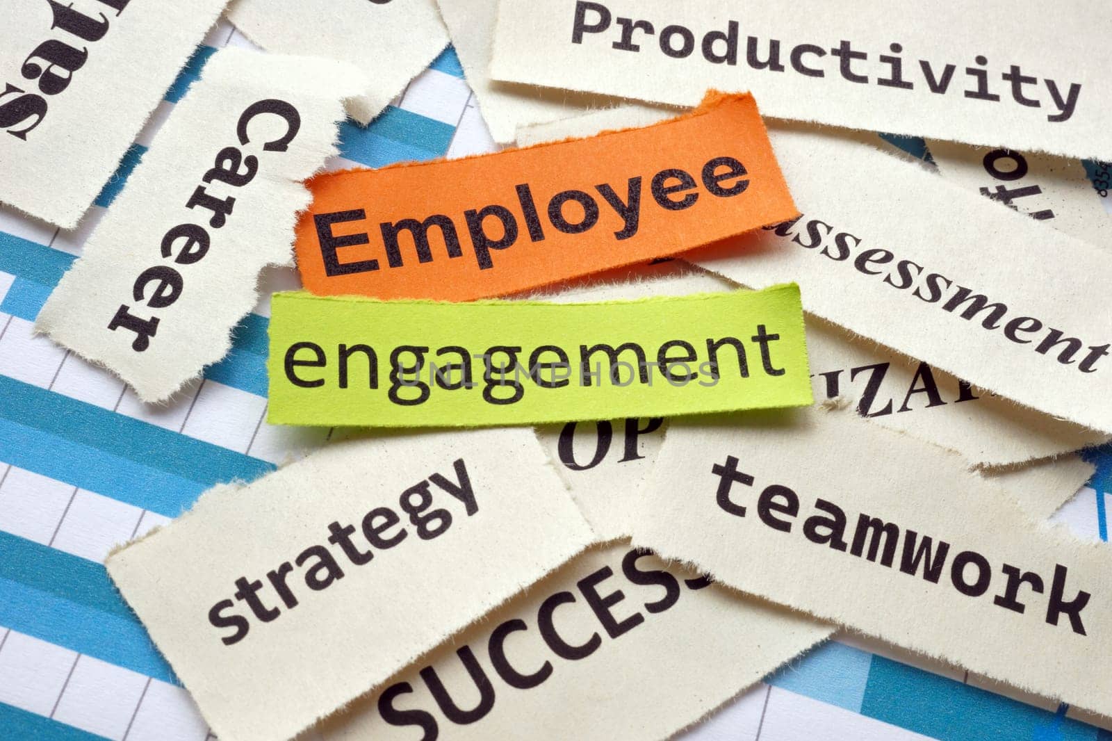 Pieces of paper with words employee engagement and others.