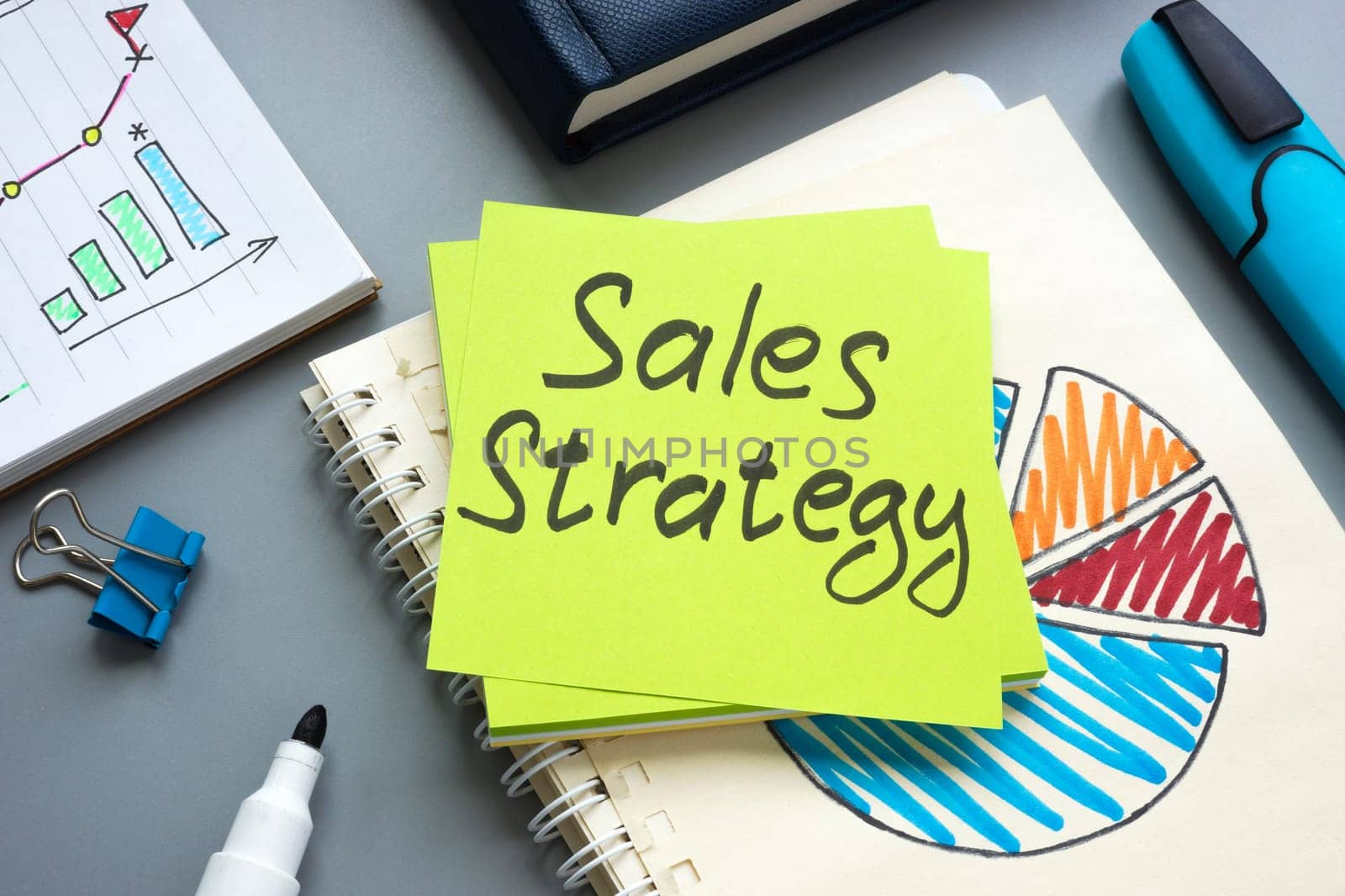 Sales strategy in a notepad with charts and graphs.