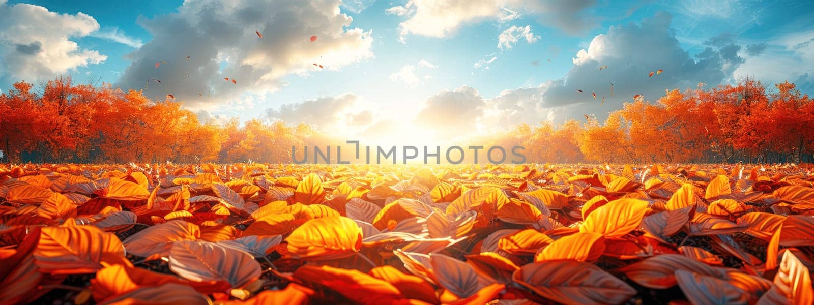 Beautiful autumn landscape with falling yellow leaves covering the ground. The blue sky and the warming sun. Natural autumnal concept. Advertising presentation with space for copy.