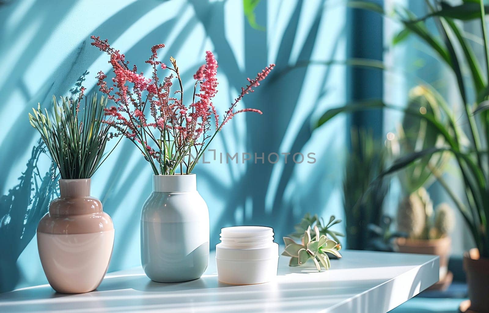 Cosmetic Composition. Beautiful blue pastel color cosmetic skincare makeup containers standing on white table. On the wall reflects the sunlight and shadows. Women make up concept. Copy space.