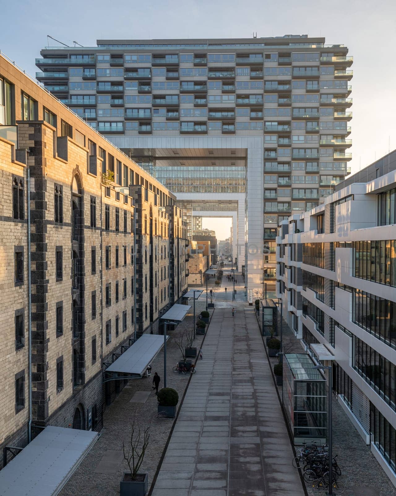 COLOGNE, GERMANY - DECEMBER 15, 2022: Panoramic image of modern buildings in the harbor of Cologne on December 15, 2022 in Germany, Europe