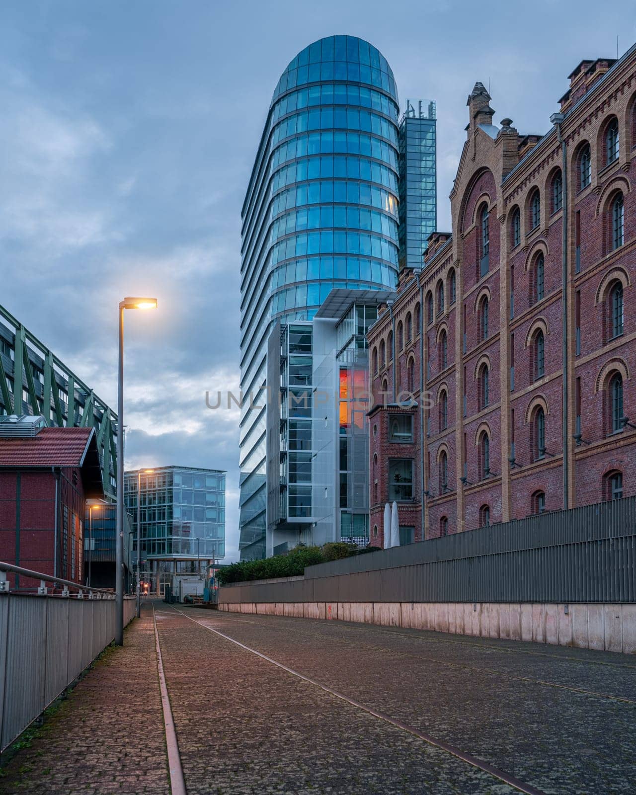 DUSSELDORF, GERMANY - MARCH 25, 2023: Panoramic image of modern buildings in the media harbor of Dusseldorf on March 25, 2023 in Germany, Europe