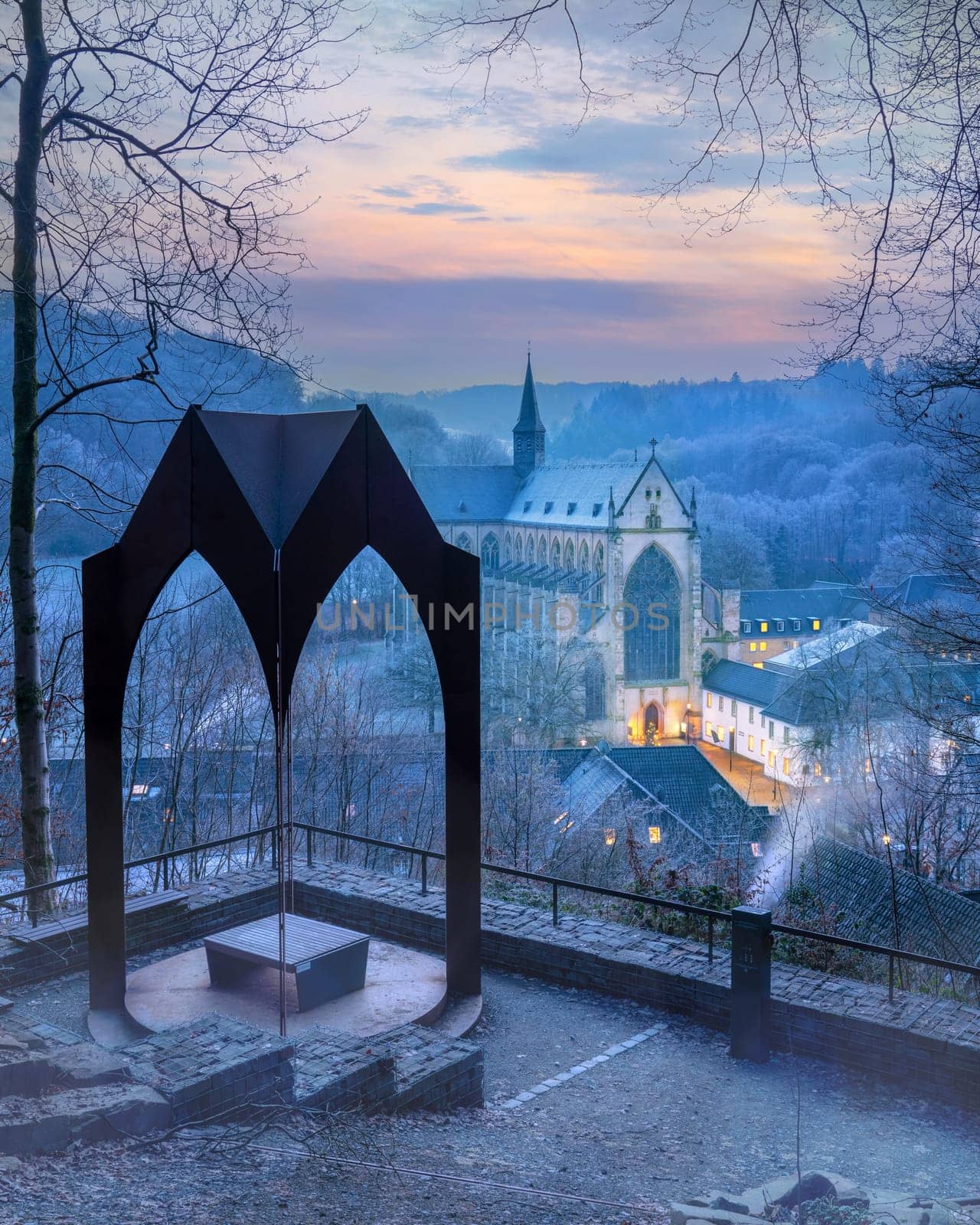 ODENTHAL, GERMANY - JANUARY 18, 2023: Altenberg cathedral in early morning light on a cold winter day on January 18, 2023 in Odenthal, Germany