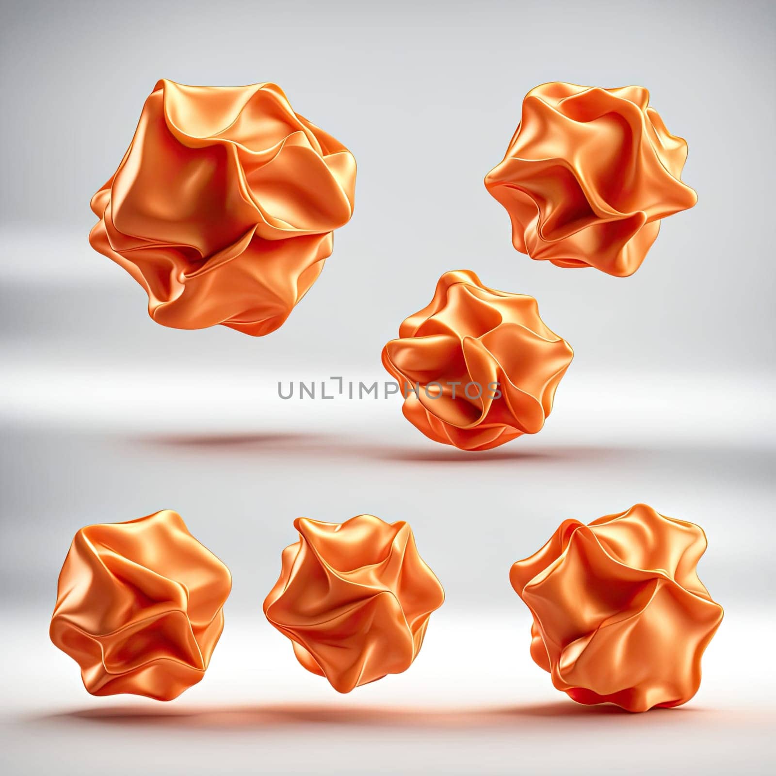 3D rendering of a minimalistic matte inflatable crumpled silicone ball or group of orange colored balls floating in the air on a transparent background . Abstraction isolated on transparent background