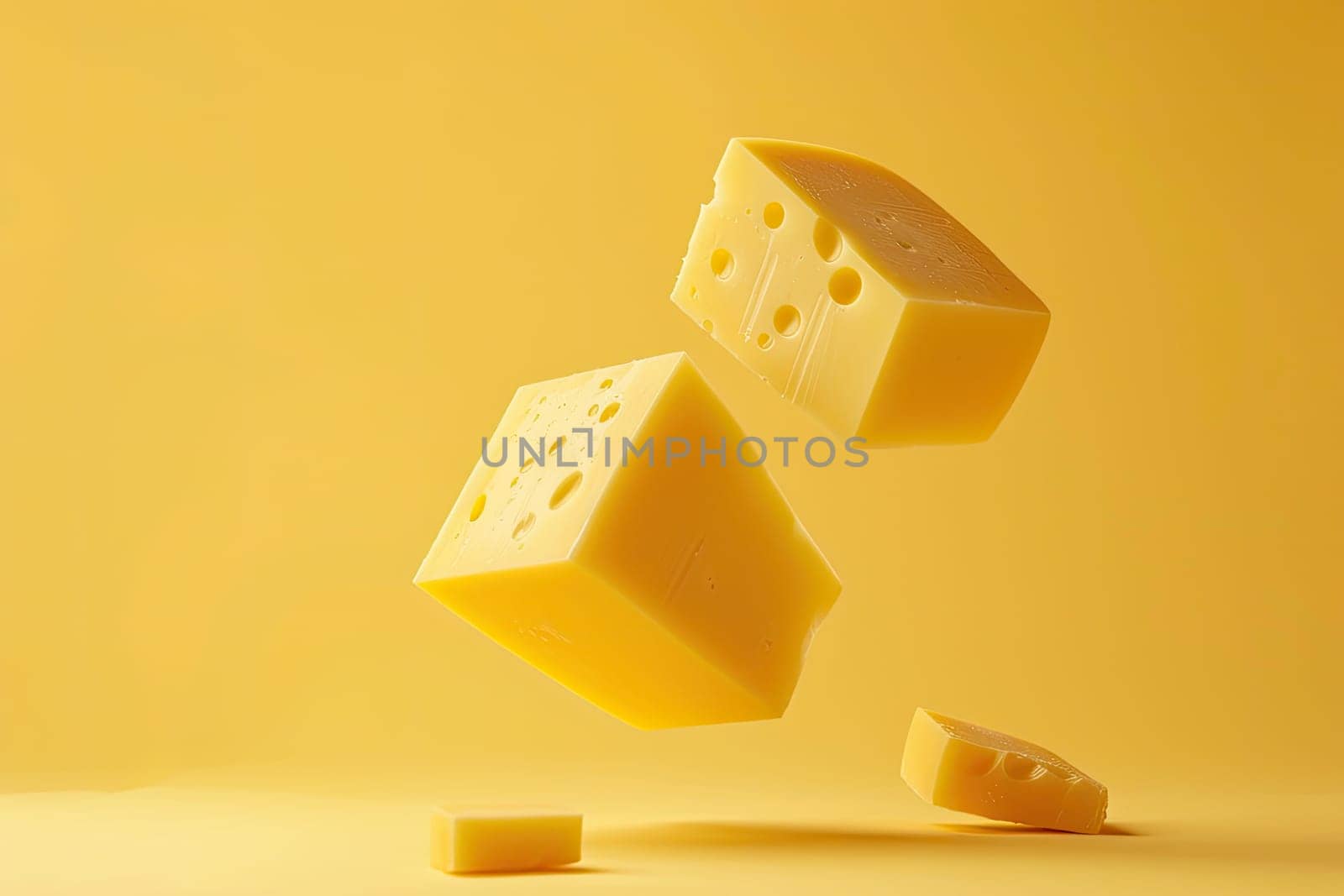 Flying cubes of Swiss cheese on yellow background. Dairy product and food design concept. Design for culinary arts, cheese advertisements, and gourmet food posters. Ai generation. High quality