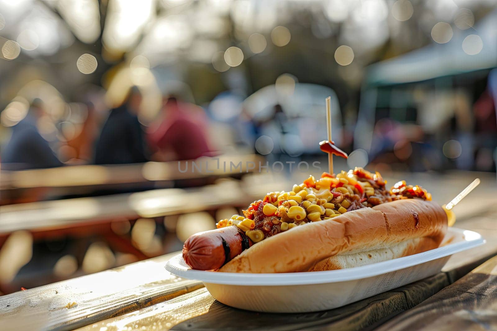Close up of loaded hot dog topped with macaroni and cheese in white container on picnic table at outdoor food festival. Food and beverage, street food, and picnic concept. Ai generation. High quality