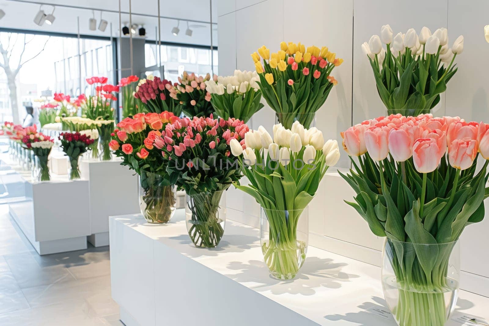 Colorful tulip bouquets in glass vases displayed on white stands in modern flower shop. Floral arrangement concept. For floral shop advertisements and celebration posters. Ai generation. High quality