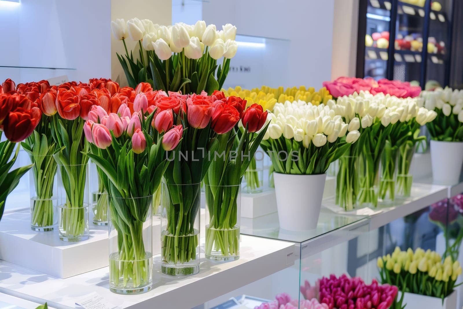Colorful tulip bouquets in glass vases displayed on white stands in modern flower shop. Floral arrangement concept. For floral shop advertisements and celebration posters. Ai generation. High quality