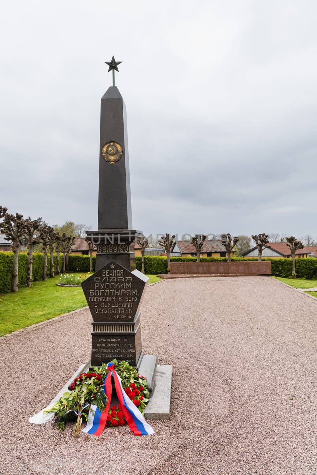 Memorial to Soviet soldiers who died during the liberation of the island of Bornholm during the Second World War. Allinge, Bornholm, Denmark- May 9, 2024