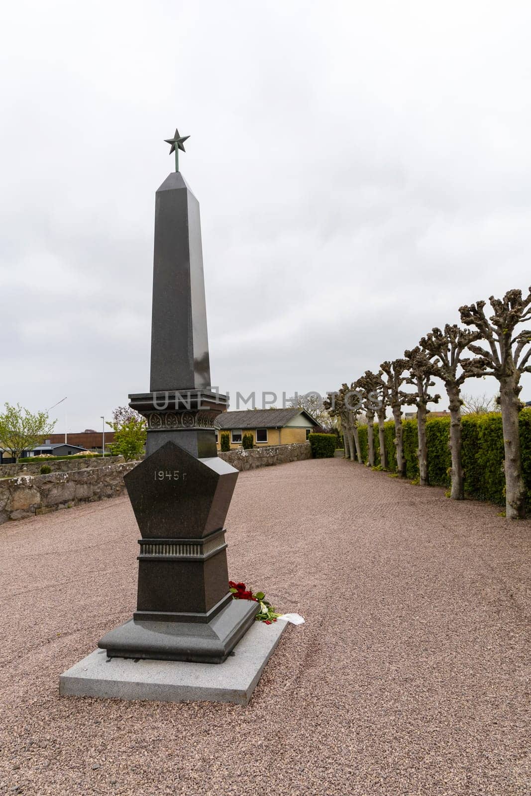 Memorial to Soviet soldiers who died during the liberation of the island of Bornholm during the Second World War. Allinge, Bornholm, Denmark- May 9, 2024