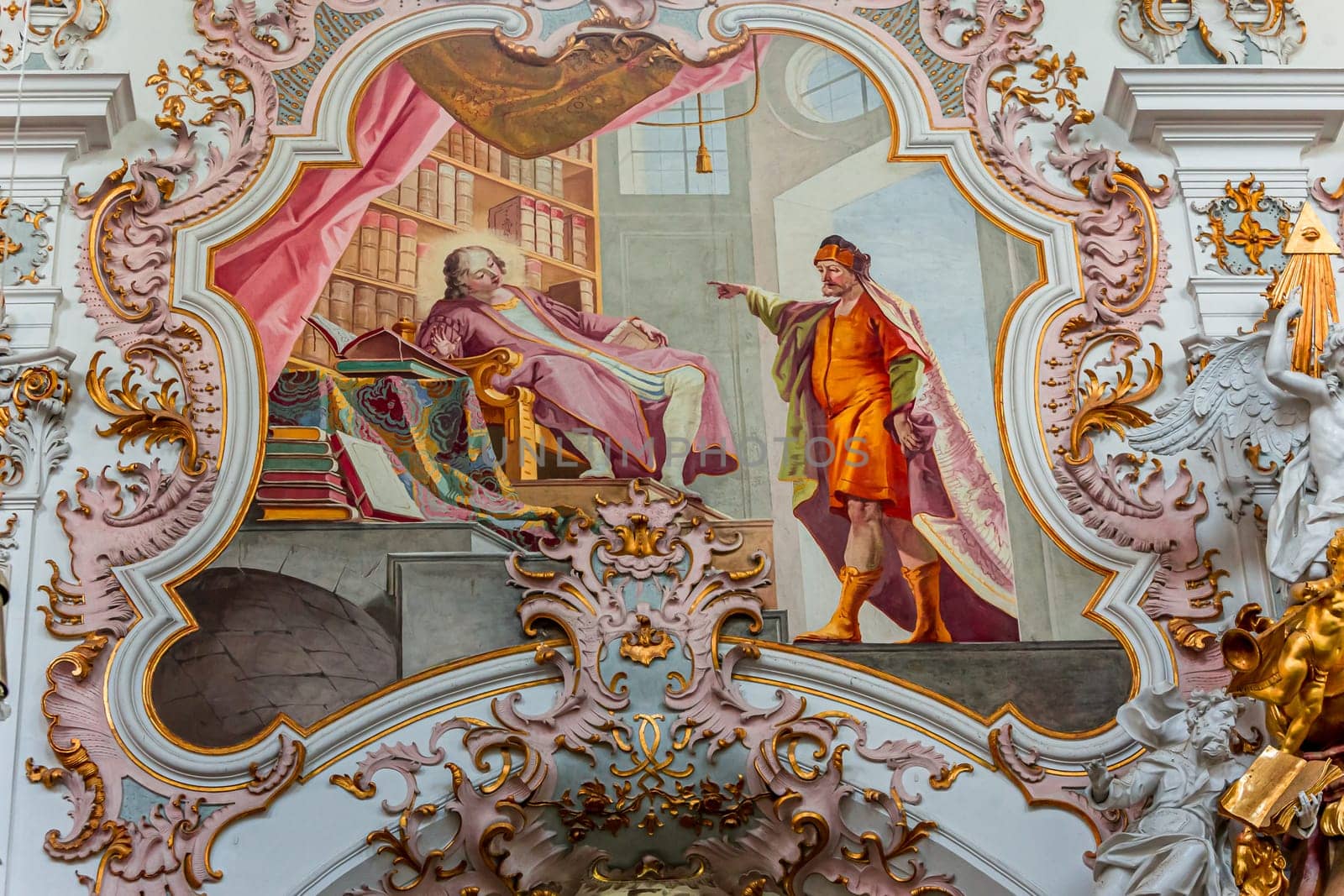 ROTTENBUCH, BAVARIA, GERMANY, JUNE 02, 2022 : interiors, frescoes and architectural decors of  Rottenbuch abbey basilica, by painter Matthaus Gunther and stuccoist Josef Schmuzer, 18th century