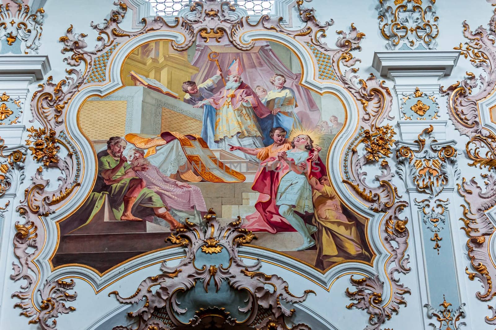 ROTTENBUCH, BAVARIA, GERMANY, JUNE 02, 2022 : interiors, frescoes and architectural decors of  Rottenbuch abbey basilica, by painter Matthaus Gunther and stuccoist Josef Schmuzer, 18th century