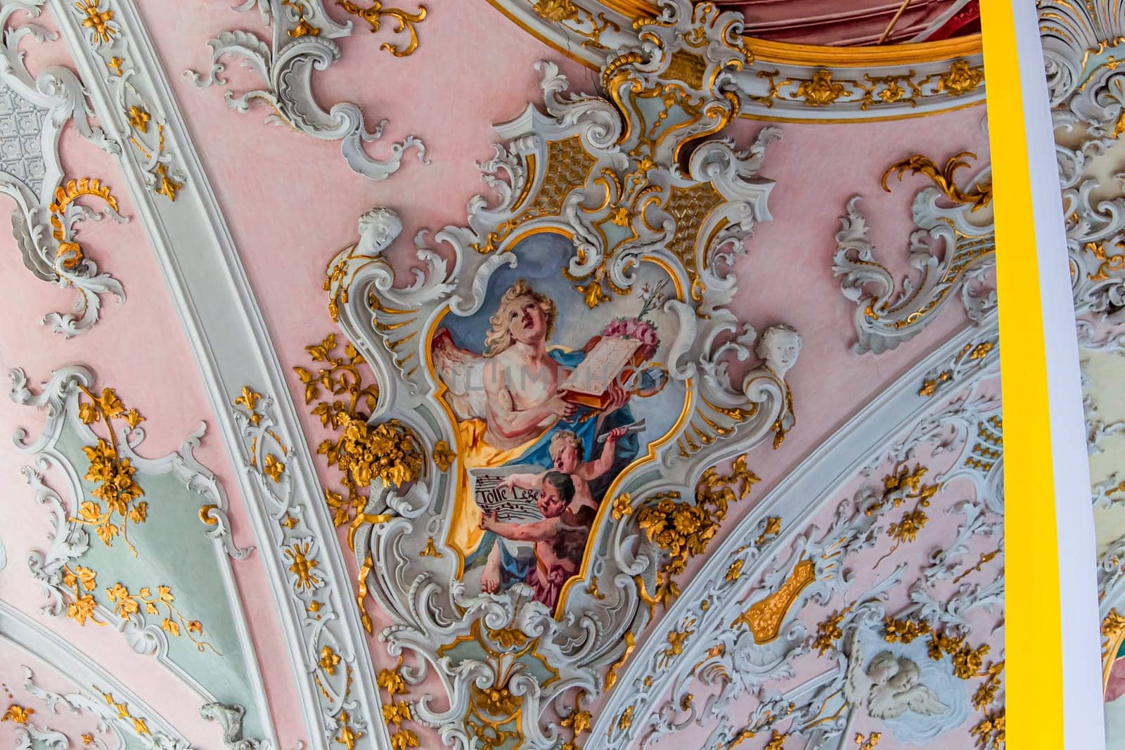 ROTTENBUCH, BAVARIA, GERMANY, JUNE 02, 2022 : interiors, frescoes and architectural decors of  Rottenbuch abbey basilica, by painter Matthaus Gunther and stuccoist Josef Schmuzer, 18th century