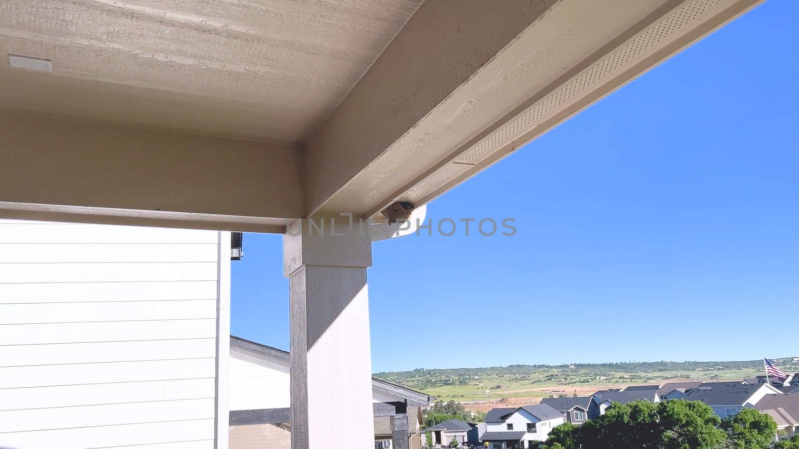 Close-up view of a bird nest tucked under the roof of a suburban house, captured against a clear blue sky. The nest is situated near the house gutter system, highlighting a common nesting spot for birds.