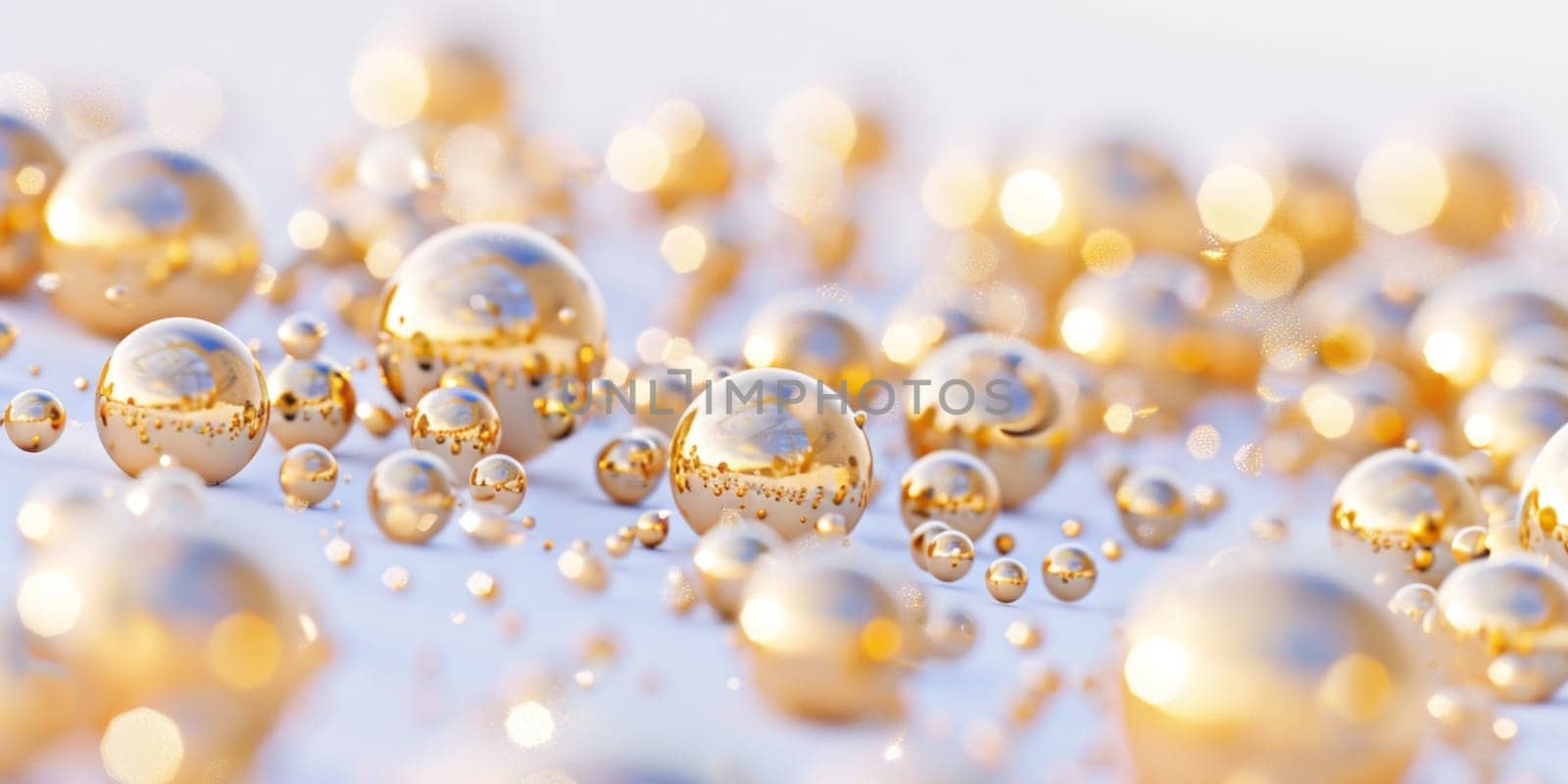 Golden balls scattered on white surface with bright light background luxury, wealth, and elegance in decor