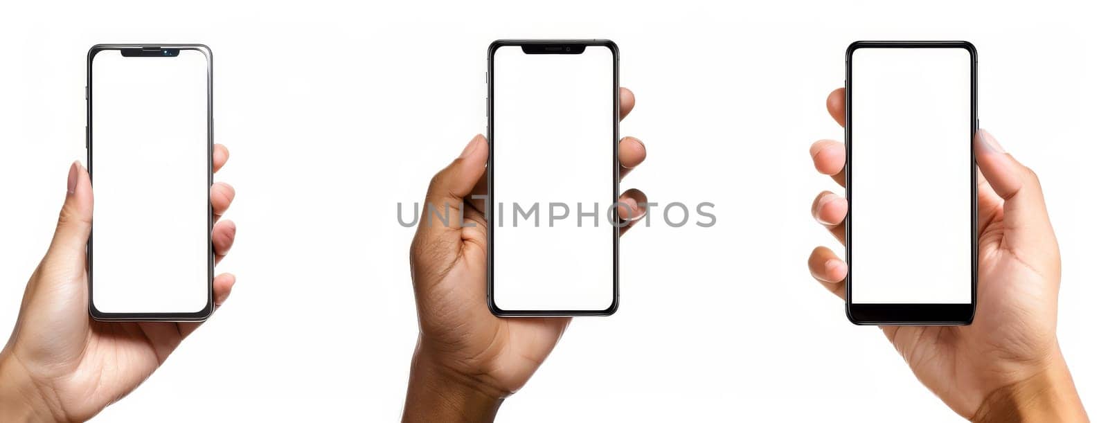 Three people holding cell phones with the screen showing white by AI generated image.