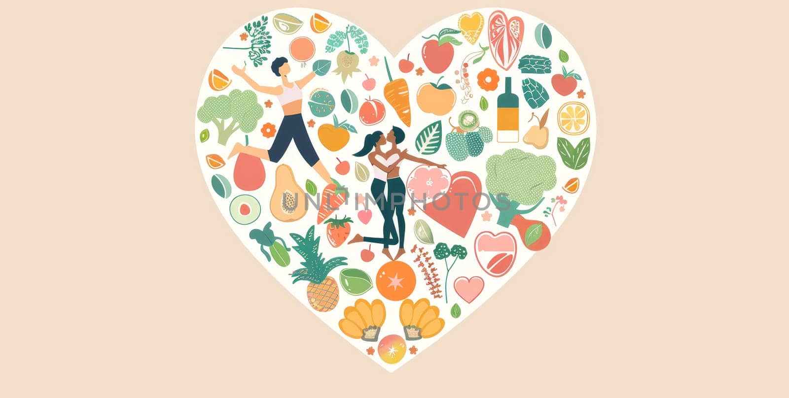 A heart made of fruits and vegetables with a woman and a man in the center by AI generated image.