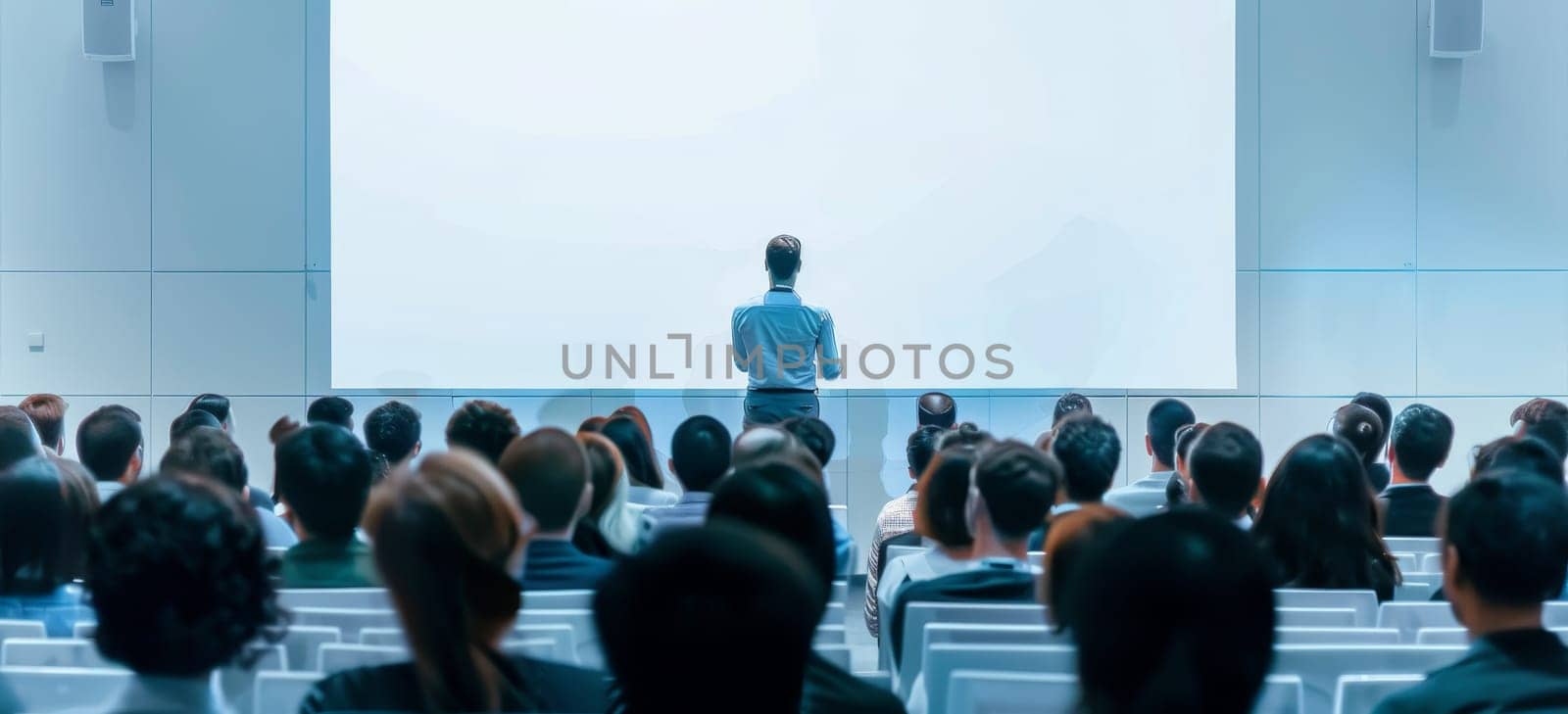 A man stands in front of a large audience, giving a presentation by AI generated image by wichayada