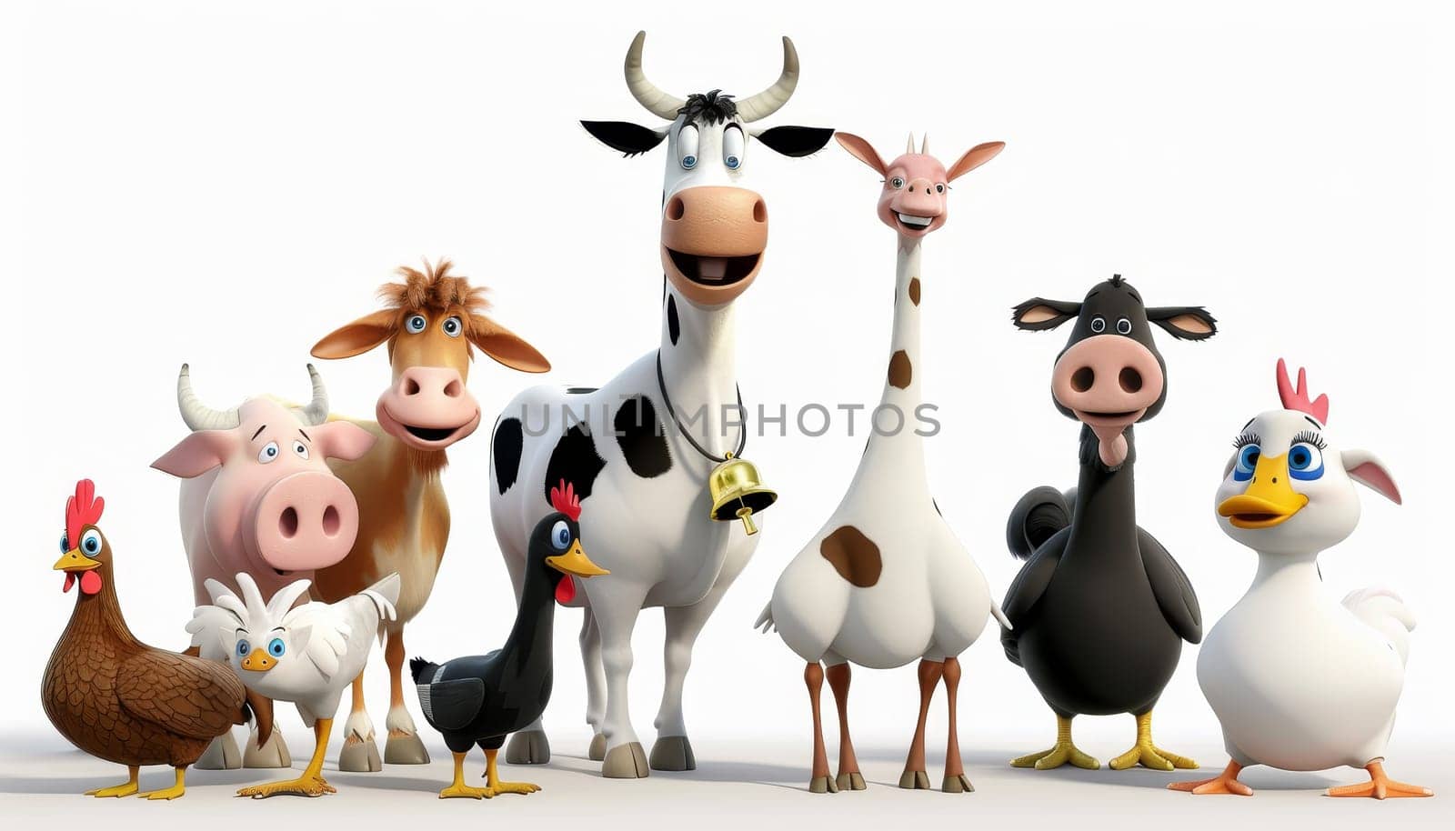 Group of cartoon farm animals including a cow, pig, and chicken. Concept of fun and farm life by AI generated image.