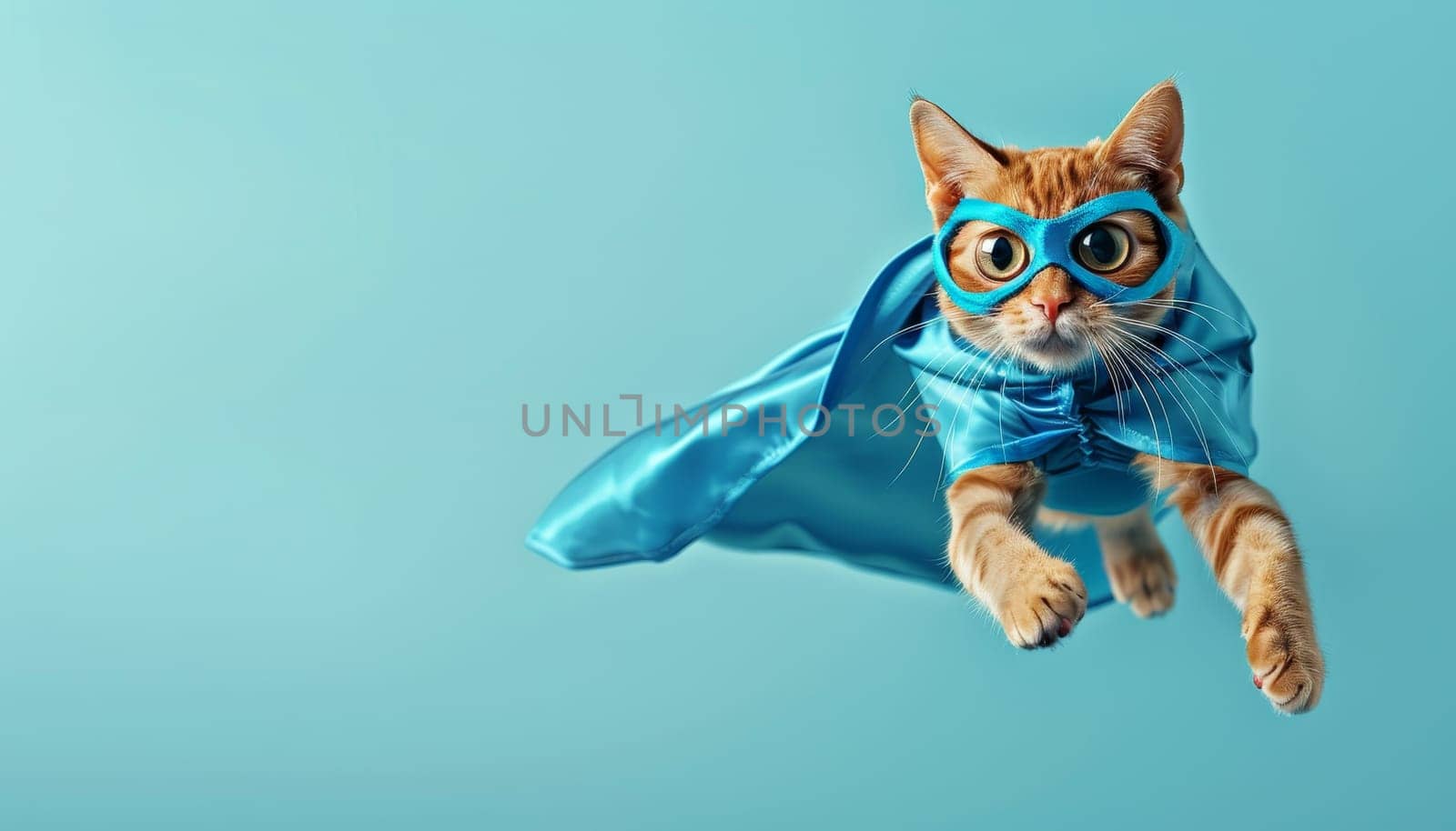 Superhero cat flying with blue mask and cape. Concept of feline heroism by AI generated image.