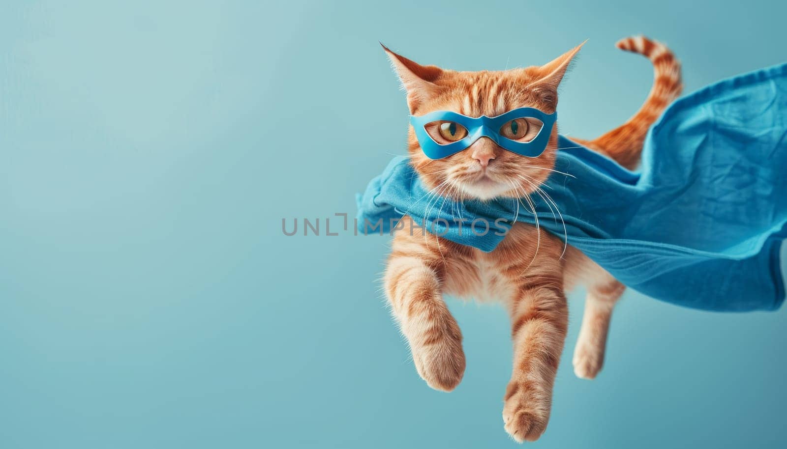 Superhero cat flying with blue mask and cape. Concept of feline heroism by AI generated image by wichayada