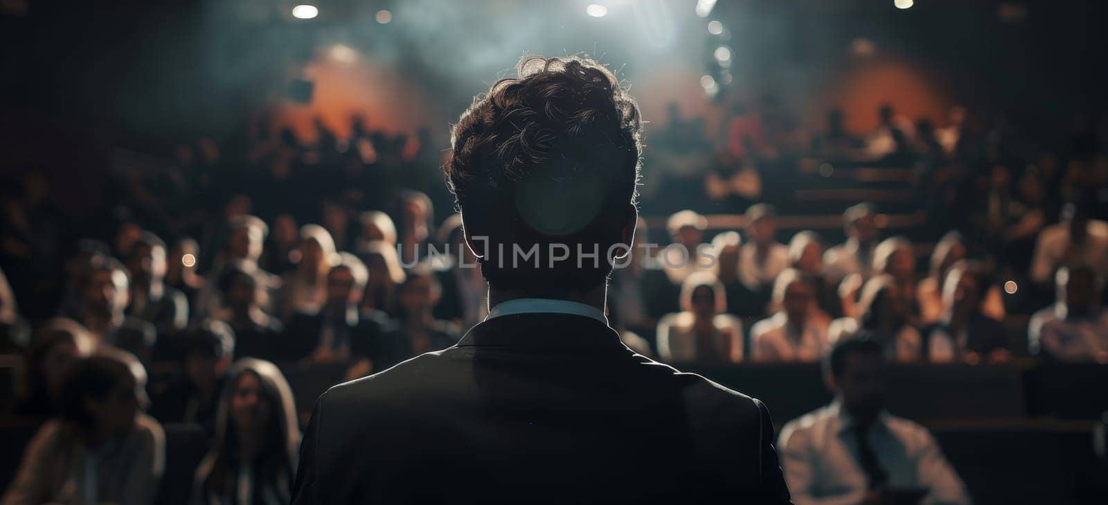 A man stands on stage in front of a crowd of people by AI generated image by wichayada