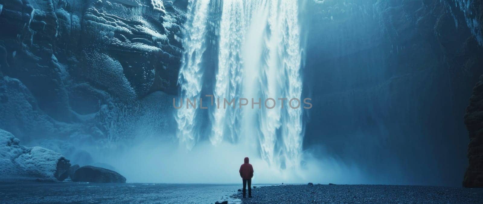 Man in red hoodie and hat standing in front of majestic waterfall travel adventure concept for stock photo