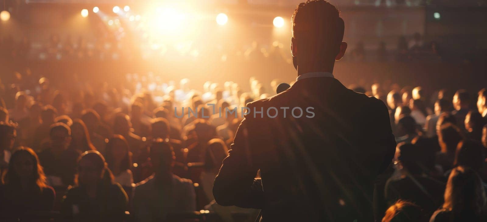 A man stands on stage in front of a crowd of people by AI generated image.